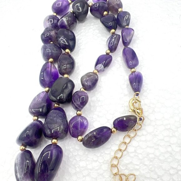Purple Amethyst Necklace Chunky Marbled Graduated Beads 18-20" Gold-Tone Accents - Picture 1 of 4